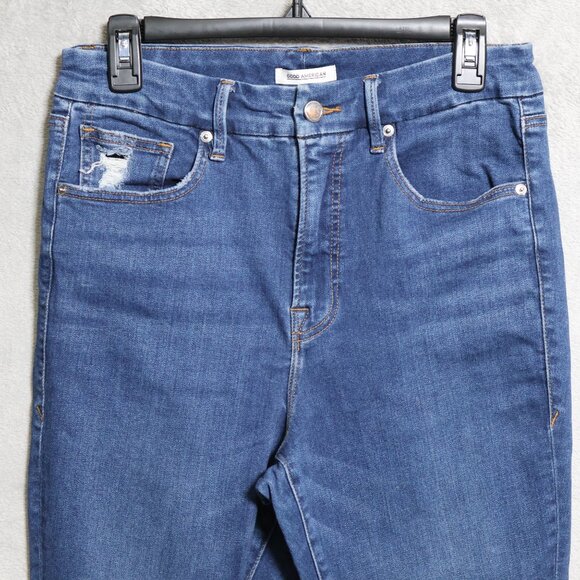 Good American Jeans Womens 14 32 Blue Good Waist Denim Distressed Whiskering - Picture 2 of 14